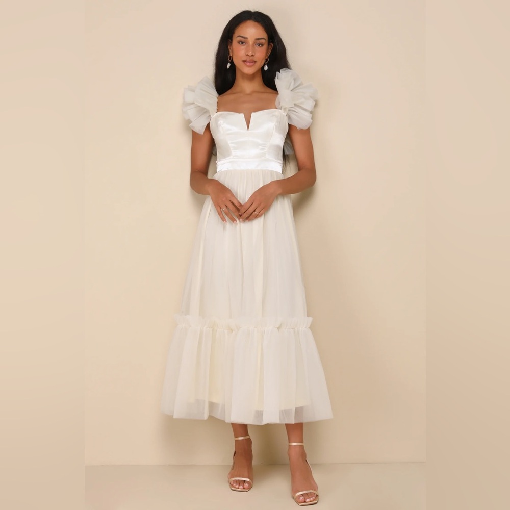 NWT Lulus Angelic Radiance Cream Tulle Ruffled Off-the-Shoulder Midi Dress